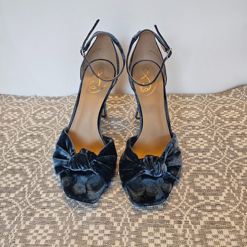 Sam Edelman - Lucia Velvet Knotted Ankle Strap Heels – Navy Blue, Size 10
